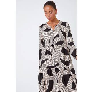 Roman Roman Black Petite Linear Print Tiered Stretch Dress