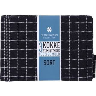 3 stk. Kokkeviskestykker - 50x70 cm sorte viskestykker med hvide tern