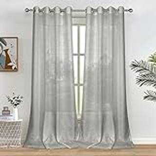 Melodieux gr? semi -rene gardiner 84 tommer lange til stue - Linned Look Sovev?relse Grommet Top Voile Drapes 52 x 84 tommer (2 paneler)