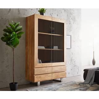 Vitrine Live-Edge 120x190 cm Akazie Natur Baumkante 2 Türen 4 Schubladen Massiv - Natur, Silber