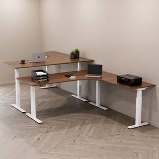 Hæve sænkebord hjørneskrivebord - Premium, Størrelse 180x200 cm, Bordplade Valnød, Stativ Hvid