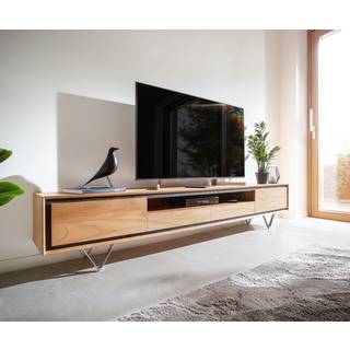 Lowboard Stonegrace 240 cm Akazie Natur 2 Türen 1 Fach 2 Schubladen Steinfurnier V-Fuß - Natur, Silber