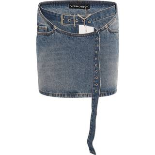 Y Belt Arc Denim Mini Skirt in Faded Blue - 26