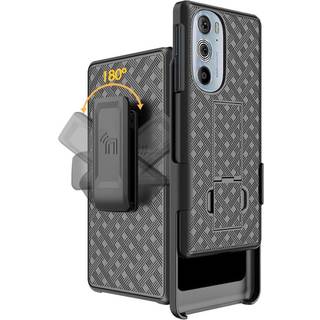 NakedCellPhone -sag med klip til Motorola Edge 5G UW (2022) Slim Hard Shell -telefonomslag med stativ og [Rotering/Ratchet] Belt Hip Holster til