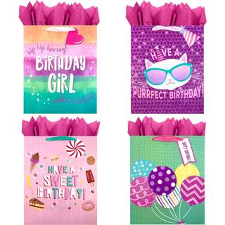 Blue House Group Premium Birthday Gift Bags + Tissue Paper (4 store poser + v?v f?dselsdag pige)