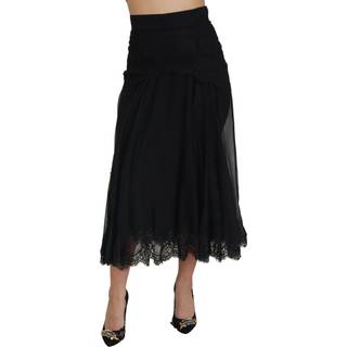 Dolce & Gabbana Sort Silke Lace Trim High Waist Midi Skirt