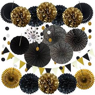 Zerodeco Party Decoration 21 pcs sort og guld h?ngende papir fans pom poms blomster kransere streng polka dot og trekant bunting flag til f?dsels