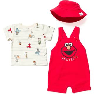 Sesame Street Elmo Toddler Boys French Terry Short overalls T-shirt og hat 3 stykker outfit Set Red/White 3T
