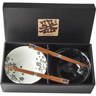 Japansk Keramik Sæt 2 Skåle Med Spisepinde 15cm Sølv Sakura