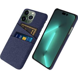 iPhone 14 Pro Stofbetrukket Plastik Bagside Cover med Kortholder - Blå