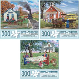 Bit og stykker - Værdisæt på tre (3) 300 store stykke puslespil til voksne - Sunny sæsonkollektion af kunstner John Sloane - Jigsaw -puslespil -