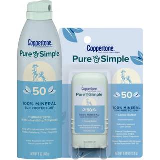 Coppertone ren og enkel mineralsk solcremepakke med zinkoxidbeskyttelse Hypoallergen solcremespray SPF 50 5 oz dse + SPF 50 solcremestift 0,49 o