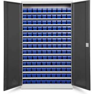 Opbevaringsskab med 130 blå kasser 1980x1200x470mm, antracit døre
