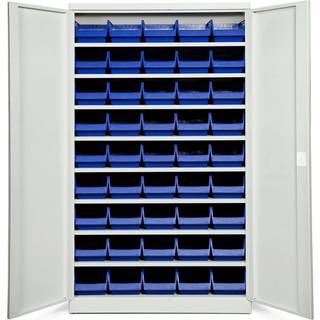 Opbevaringsskab med 45 blå kasser 1980x1200x570mm, lys grå døre