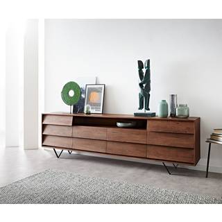 Sideboard Eloi 240x40 cm Akazie Braun 2 Türen 6 Schubladen V-Fuß Schwarz - Natur, Schwarz