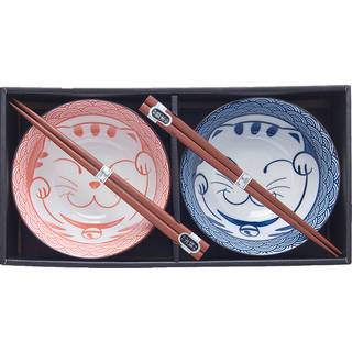 Japansk Keramik Sæt 2 Skåle Med Spisepinde 15cm Rød/Blå Maneki Neko