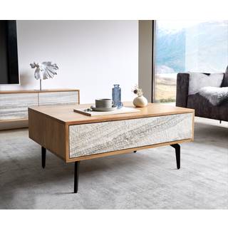 Couchtisch Kleo 80x60 cm Akazie Natur 2 Schübe Winkelfuß Metall Schwarz - Natur, Schwarz