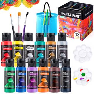 Joyin 12 stk. Vaskbart b?rn Tempera Paint Set (2 oz hver) Flydende plakatmaling med 6 b?rster 2 palet