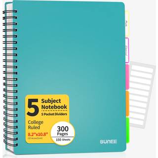 Sunee 5 Subject Notebook College regerede - 300 sider 8.2 """" X10.8 """" Spiralforet notebook med 5 lommefarvede divider 3 -huller stansede papir Te
