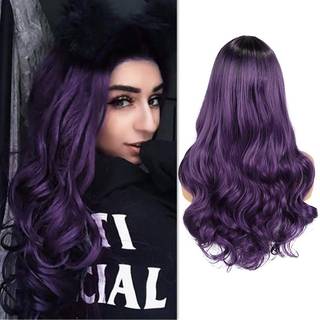 Wiger Long Curly Wavy Wigs Lang ombre lilla parykker ombre m?rk lilla b?lget h?r 26 tommer midterste del syntetiske farvede parykker til kvinder