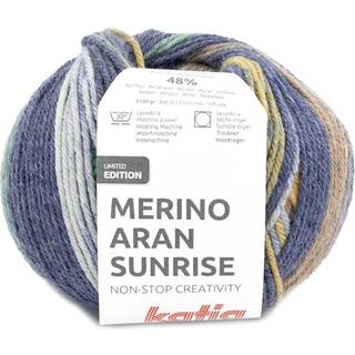 Katia Merino Aran Sunrise 307 Blå-Grøn-Okkergul Indhold: 52% merinould, 48% akryl Vægt/længde: 100 g = ca. 155 meter Anbefalede pinde: 4.5-5.5 mm Strikkefasthed: 10 x 10 cm = 16 m x 20 p Vask: Maskinvask 30℃ / Kan tørretumbles.