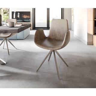 Esszimmerstuhl Ilia-Flex mit Armlehnen Mikrofaser Taupe Vintage Kreuzgestell kantig Edelstahl - Taupe, Silber