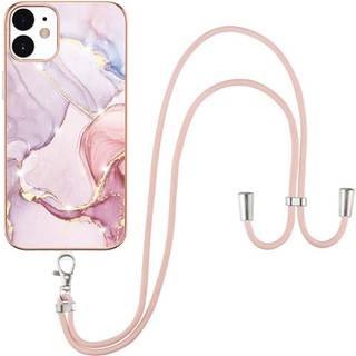 iPhone 12 / 12 Pro Marmor Hybrid Bagside Cover m. Justerbar Strop - Lyserød