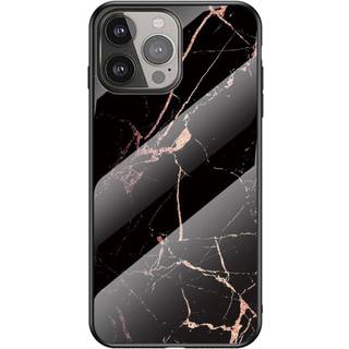 iPhone 13 Pro Max Fleksibelt Plastik Bagside Cover m. Glasbagside - Guld / Sort Marmor