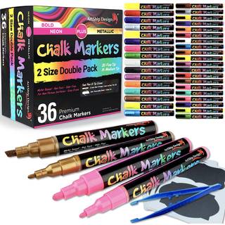 Artship Design 36 Kridtmark?rer Dobbeltpakke af b?de fine og reversible medium spids flydende kridtpenne med etiketter og tip pincet v?d slet men