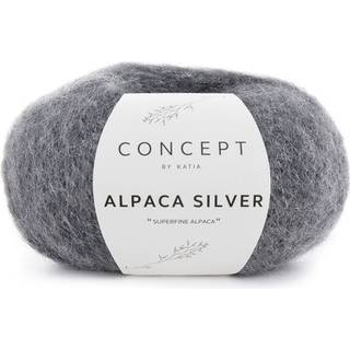 Katia Alpaca Silver 256 Mørk grå-sølv Indhold:73% Alpaca, 20% polyamid, 7% polyester Vægt/længde:25 g = ca. 120 m Anbefalede pinde:4 - 4½ mm Strikkefasthed:10 cm x 10 cm = 19 m x 28 r Håndvask / Tørres fladt.