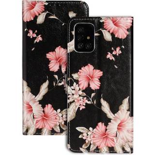 Samsung Galaxy A51 Pink Flowers Cover m. Kortholder - Sort / Lyserød