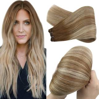 Youngsee 100g 14 tommer skud h?rforl?ngelser Balayage Sy i h?rforl?ngelser Medium brun falmning til brun bland platin lige skudforl?ngelser menne