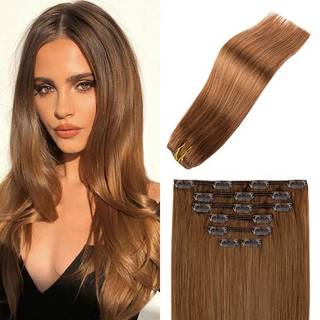 Ugotrays lysebrune hårforlængelser klip i menneskehår 18 tommer 70g 7stk Remy Hair Silky Straight 16Clips One Pack #6 Chestnut Brown Hair Extensi