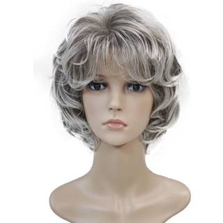 Wiginway Kort lagdelt laggy b?lgede parykker Fuld syntetisk bob capless parykker til hvide kvinder lysegr? med m?rke r?dder