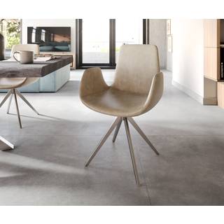 Esszimmerstuhl Ilia-Flex mit Armlehnen Mikrofaser Beige Vintage Kreuzgestell kantig Edelstahl - Beige, Silber