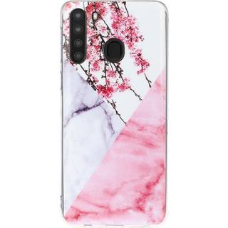 Samsung Galaxy A21 Fleksibel Plastik Bagside Cover m. Marmor Print - Lyserød Blomster / Marmor