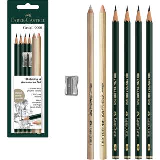 Faber -Castell Skitsering og tilbehør Set - Castell 9000 Graphite -blyanter og viskelæderblyanter - Kunstblyanter til tegning og skygge
