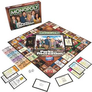Parks and Rec Monopoly-brætspil: Køb, byt og byg Pawnee-ejendomme (Lot 48, Pawnee Zoo) med Duke Silvers saxofon og Little Sebastian