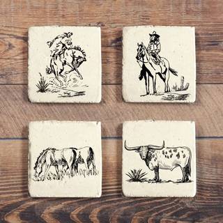 Paseo Road af Hiend accenter Ranch Life Coasters for Drinks Set med 4 sort og hvid cowboy ko Longhorn Horse Print Western Rustic Cabin Lodge Farm