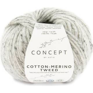 Katia Cotton-Merino Tweed 506 Grå Indhold:53% Bomuld, 25% ren ny uld, 22% polyester Vægt/længde:50 g = ca. 105 m Anbefalede pinde:4½ - 5 mm Strikkefasthed:10 cm x 10 cm = 16 m x 23 r Håndvask / Tørres fladt.