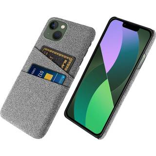 iPhone 14 Plus Stofbetrukket Plastik Bagside Cover med Kortholder - Lys Grå