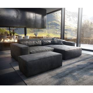 Ecksofa Sirpio XL 270x170 cm Lederimitat Vintage Anthrazit Recamiere variabel mit Hocker