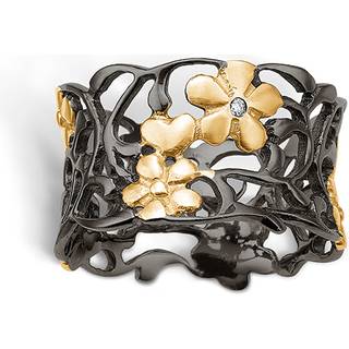 Blossom sølv ring sort rhod. med forgyldte blomster, brill 0,01ct
