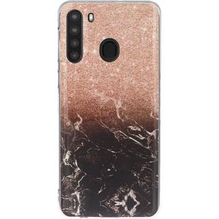 Samsung Galaxy A21 Fleksibel Plastik Bagside Cover m. Marmor Print - Bronze / Sort Marmor