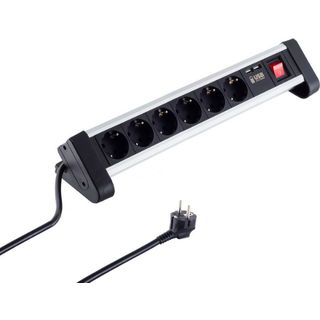 Stikdåse 6 Udtag - Schuko EU - USB-A - Afbryder - Sort - 1.5 m