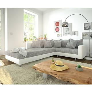Ecksofa Clovis Weiss Hellgrau Hocker Armlehne Ottomane Links Modulsofa - Hellgrau, Weiss