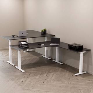 Hæve sænkebord hjørneskrivebord - Premium, Størrelse 160x200 cm, Bordplade Sort, Stativ Hvid