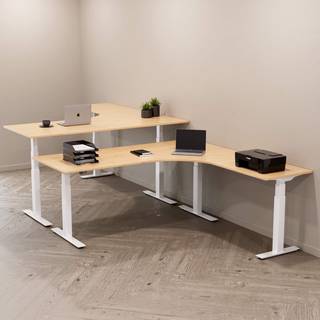 Hæve sænkebord hjørneskrivebord - Premium, Størrelse 160x200 cm, Bordplade Birk, Stativ Hvid