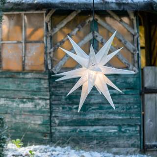 STERNTALER Udendørs stjerne med snefnug, 18 takker, påtryk Schneeflocken-Stern, dæmpbar, Hvid/opal, Plast