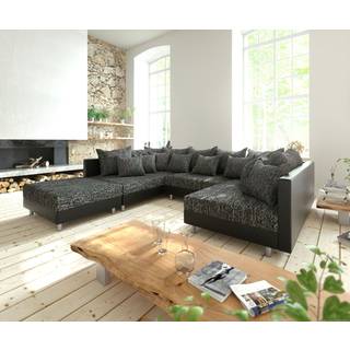 Wohnlandschaft Clovis Schwarz Modulsofa mit Hocker - Schwarz, Schwarz